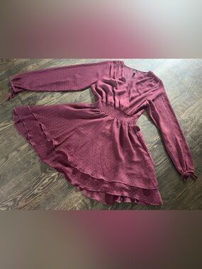 House Burgundy Swiss Dot Long Sheer Sleeve Lightweight Mini Dress Size S